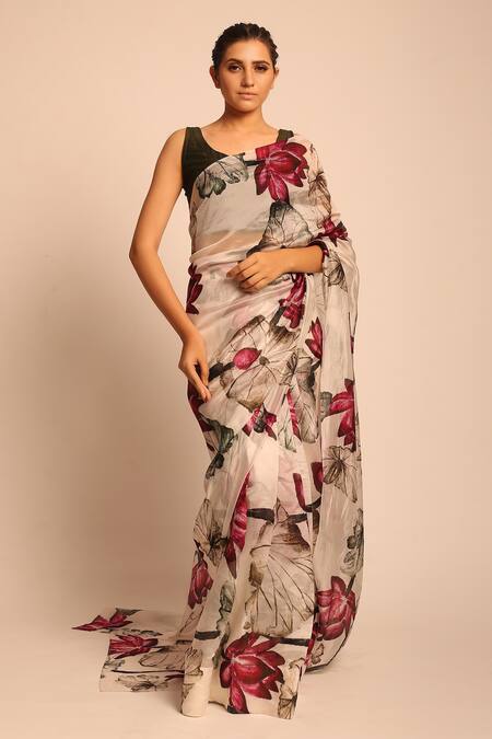 Prints By Radhika_Beige Silk Organza Printed Saree_Online_at_Aza_Fashions