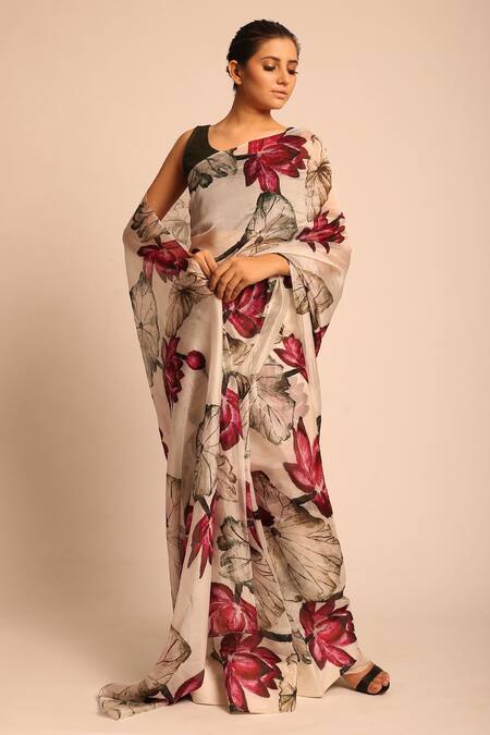 Shop_Prints By Radhika_Beige Silk Organza Printed Saree_at_Aza_Fashions