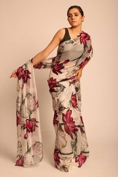 Buy_Prints By Radhika_Beige Silk Organza Printed Saree_Online_at_Aza_Fashions