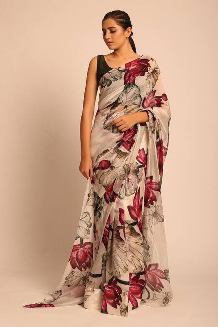 Shop_Prints By Radhika_Beige Silk Organza Printed Saree_Online_at_Aza_Fashions