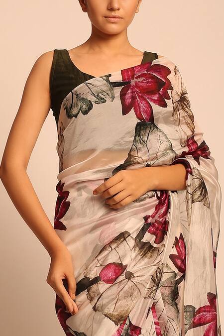 Prints By Radhika_Beige Silk Organza Printed Saree_at_Aza_Fashions