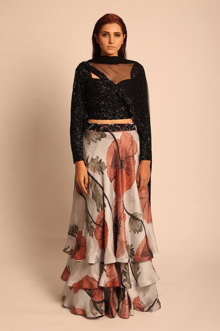 Shop Prints By Radhika Black Silk Printed Lehenga Set at Aza Fashions Shop_Prints By Radhika_Black Silk Printed Lehenga Set_at_Aza_Fashions