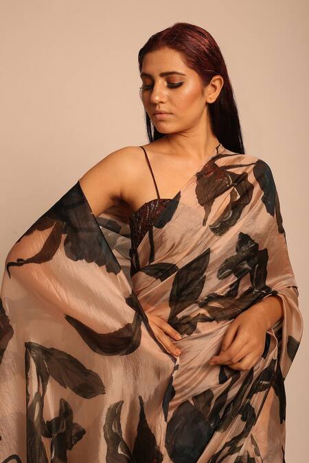 Prints by Radhika_Beige Silk Organza Printed Saree_Online_at_Aza_Fashions