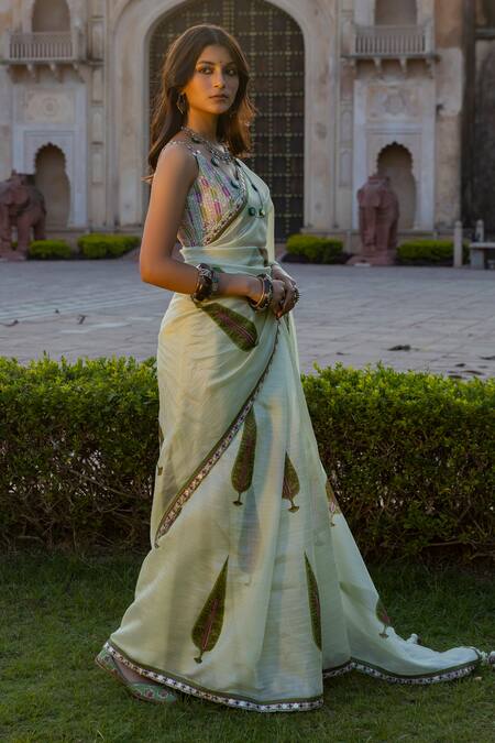 Punit Balana_Green Organza Silk U Neck Saree With Blouse _Online_at_Aza_Fashions
