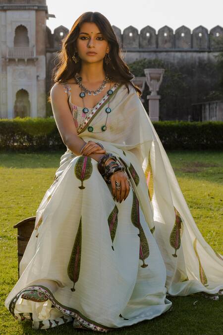 Buy_Punit Balana_Green Organza Silk U Neck Saree With Blouse _Online_at_Aza_Fashions