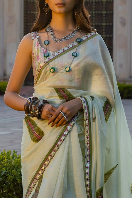 Shop_Punit Balana_Green Organza Silk U Neck Saree With Blouse _Online_at_Aza_Fashions