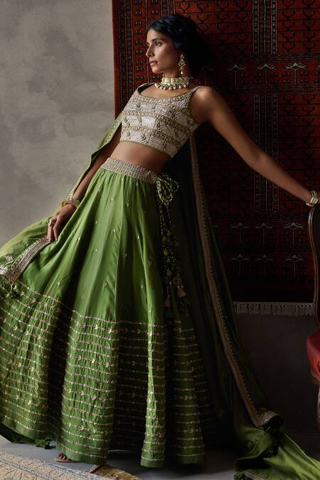 Shop_Punit Balana_Green Silk U Neck Bridal Lehenga Set _Online_at_Aza_Fashions