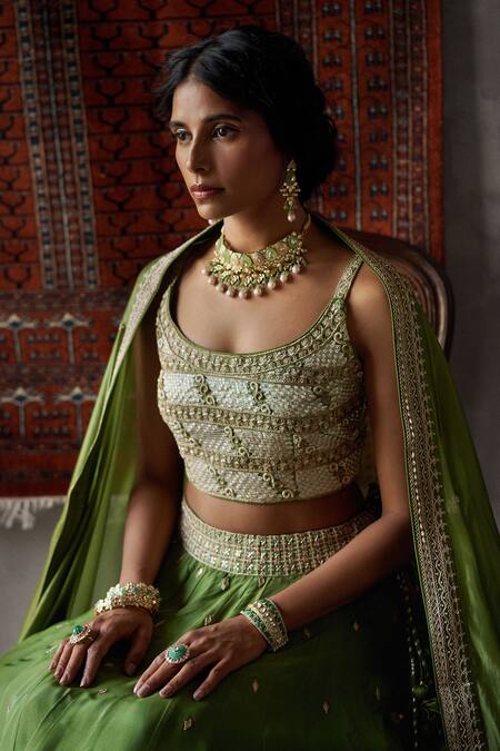Punit Balana_Green Silk U Neck Bridal Lehenga Set _at_Aza_Fashions