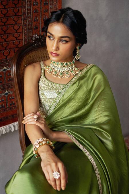 Shop Punit Balana Green Silk Organza U Neck Saree With Blouse Online at Aza Fashions Shop_Punit Balana_Green Silk Organza U Neck Saree With Blouse _Online_at_Aza_Fashions