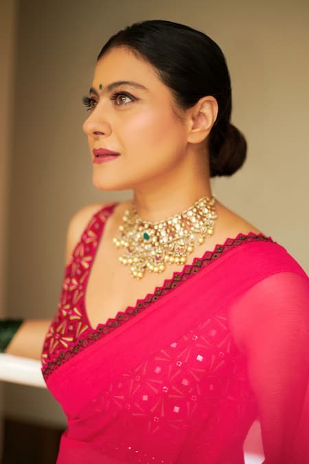 Punit Balana_Pink Chiffon Leaf Neck Embroidered Saree With Blouse _Online_at_Aza_Fashions