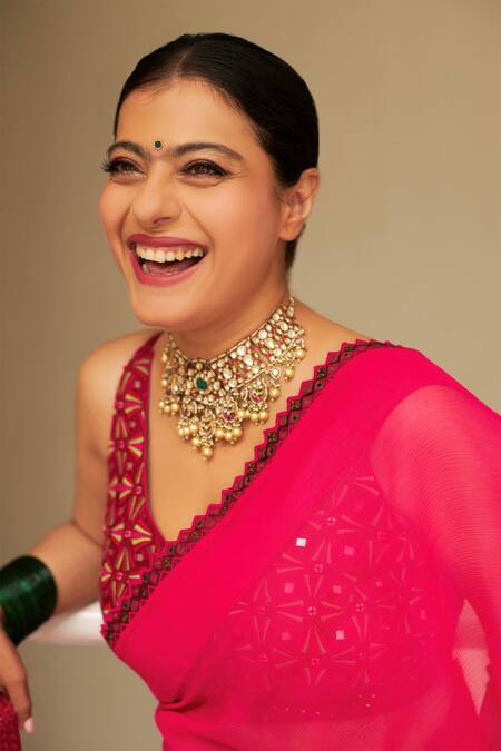 Buy_Punit Balana_Pink Chiffon Leaf Neck Embroidered Saree With Blouse _Online_at_Aza_Fashions