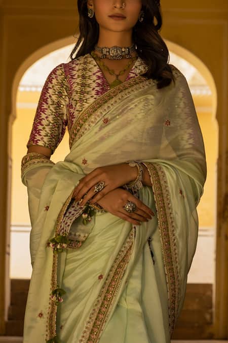 Buy_Punit Balana_Green Silk Organza V Neck Saree With Blouse _Online_at_Aza_Fashions