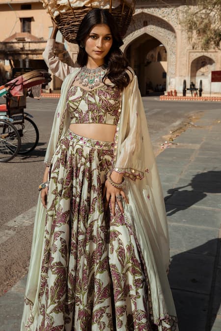 Punit Balana_Green Silk Chanderi Crop Top Sweetheart Neck Jacket And Lehenga Set _Online_at_Aza_Fashions