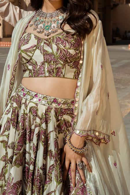 Shop_Punit Balana_Green Silk Chanderi Crop Top Sweetheart Neck Jacket And Lehenga Set _Online_at_Aza_Fashions