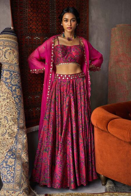 Punit Balana_Red Cape Handloom  Silk Square Neck Jacket And Lehenga Set _Online_at_Aza_Fashions