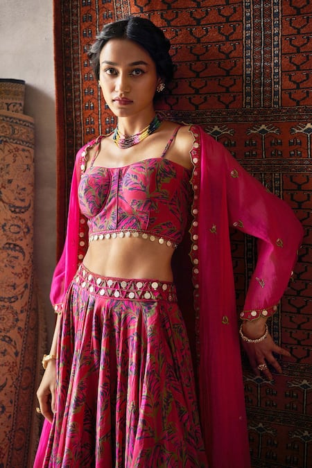 Shop_Punit Balana_Red Cape Handloom  Silk Square Neck Jacket And Lehenga Set _Online_at_Aza_Fashions