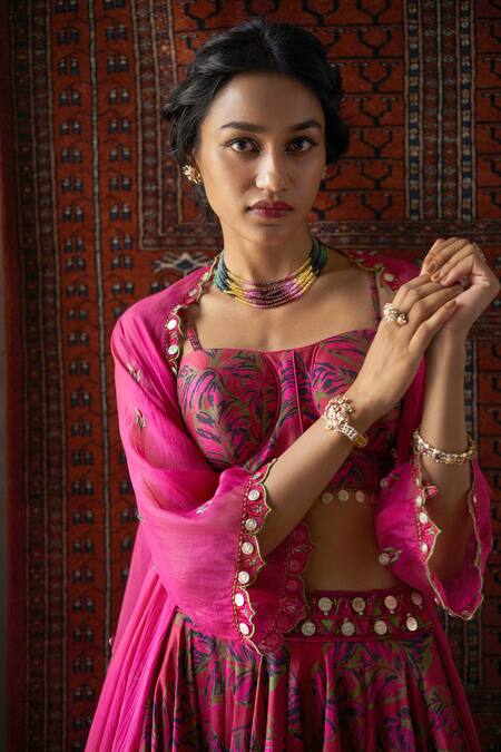 Punit Balana_Red Cape Handloom  Silk Square Neck Jacket And Lehenga Set _at_Aza_Fashions