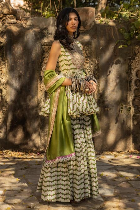 Punit Balana_Green Silk Chanderi Round Tunic And Sharara Set _Online_at_Aza_Fashions