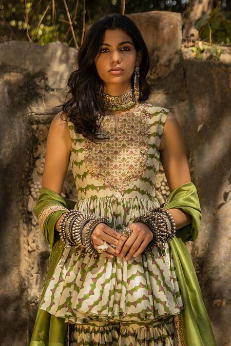 Buy_Punit Balana_Green Silk Chanderi Round Tunic And Sharara Set _Online_at_Aza_Fashions