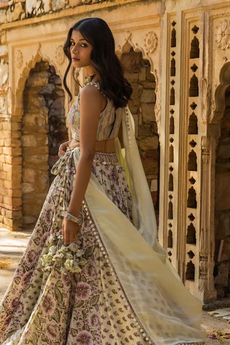 Shop_Punit Balana_Green Chanderi Dupatta Organza U Neck Floral Print Lehenga Set _at_Aza_Fashions