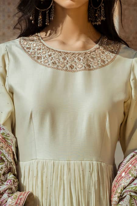 Shop_Punit Balana_Green Silk Chanderi Round Anarkali Set _Online_at_Aza_Fashions