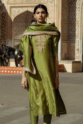 Punit Balana_Green Silk Chanderi Round Kurta Set _Online_at_Aza_Fashions