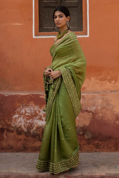 Buy_Punit Balana_Green Silk Organza U Neck Saree With Blouse _Online_at_Aza_Fashions
