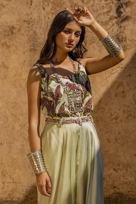 Punit Balana_Green Satin Silk U Neck Top And Draped Pant Set _Online_at_Aza_Fashions