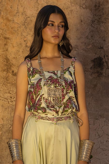 Buy_Punit Balana_Green Satin Silk U Neck Top And Draped Pant Set _Online_at_Aza_Fashions