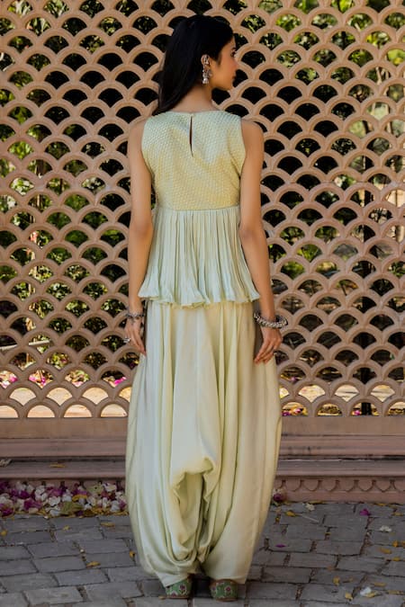 Shop Punit Balana Green Satin Silk Round Top And Dhoti Pant Set at Aza Fashions Shop_Punit Balana_Green Satin Silk Round Top And Dhoti Pant Set _at_Aza_Fashions