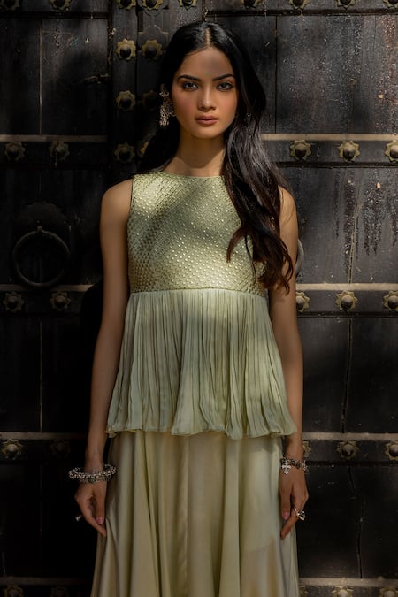 Punit Balana Green Satin Silk Round Top And Dhoti Pant Set Online at Aza Fashions Punit Balana_Green Satin Silk Round Top And Dhoti Pant Set _Online_at_Aza_Fashions