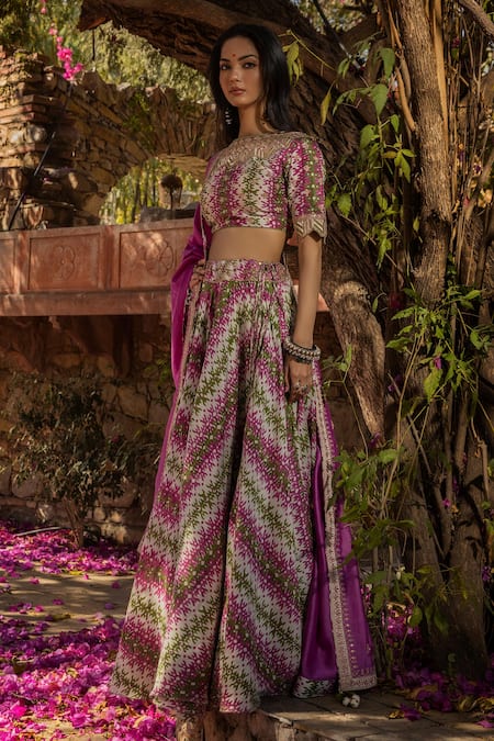 Green brocade lehenga with a pink blouse and purple dupatta. | Indian  bridal outfits, Indian dresses, Women's fashion dresses