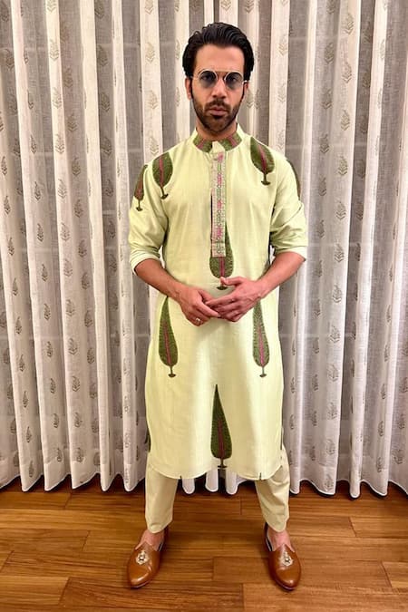 Shop_Punit Balana_Green Chanderi Silk Leaf Printed Kurta Set _at_Aza_Fashions