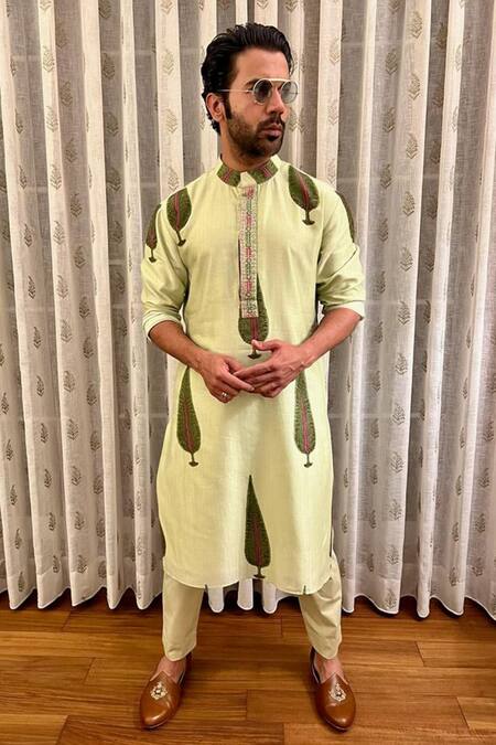 Punit Balana_Green Chanderi Silk Leaf Printed Kurta Set _Online_at_Aza_Fashions