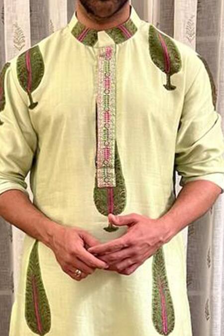 Buy_Punit Balana_Green Chanderi Silk Leaf Printed Kurta Set _Online_at_Aza_Fashions