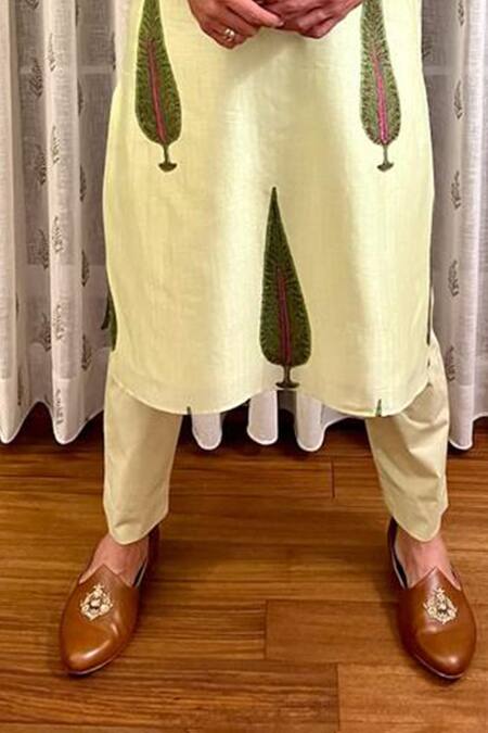 Shop_Punit Balana_Green Chanderi Silk Leaf Printed Kurta Set _Online_at_Aza_Fashions