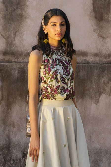 Punit Balana_Green Top Satin  Skirt Chanderi Stand Collar And Set _Online_at_Aza_Fashions