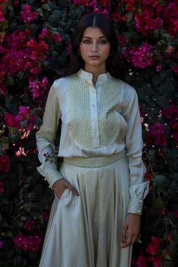 Punit Balana Green Satin Silk Mandarin Collar Shirt And Dhoti Pant Set Online at Aza Fashions Punit Balana_Green Satin Silk Mandarin Collar Shirt And Dhoti Pant Set _Online_at_Aza_Fashions