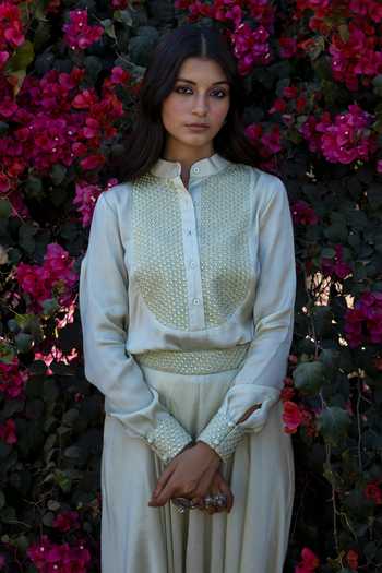 Buy Punit Balana Green Satin Silk Mandarin Collar Shirt And Dhoti Pant Set Online at Aza Fashions Buy_Punit Balana_Green Satin Silk Mandarin Collar Shirt And Dhoti Pant Set _Online_at_Aza_Fashions