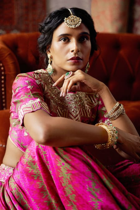 Punit Balana_Red Silk Chanderi Round Bridal Lehenga Set _Online_at_Aza_Fashions