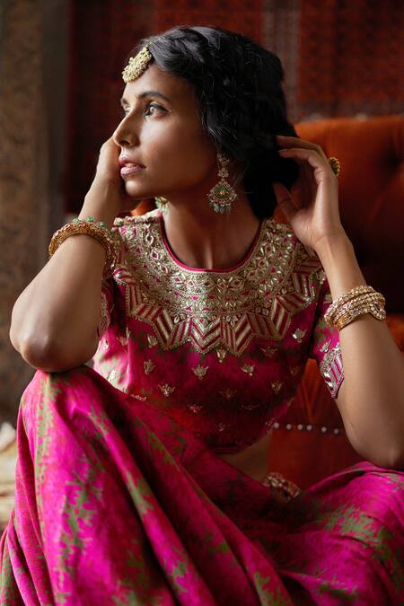 Shop_Punit Balana_Red Silk Chanderi Round Bridal Lehenga Set _Online_at_Aza_Fashions