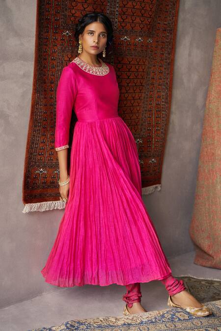 Punit Balana_Pink Handloom Chanderi Round Anarkali Set _Online_at_Aza_Fashions