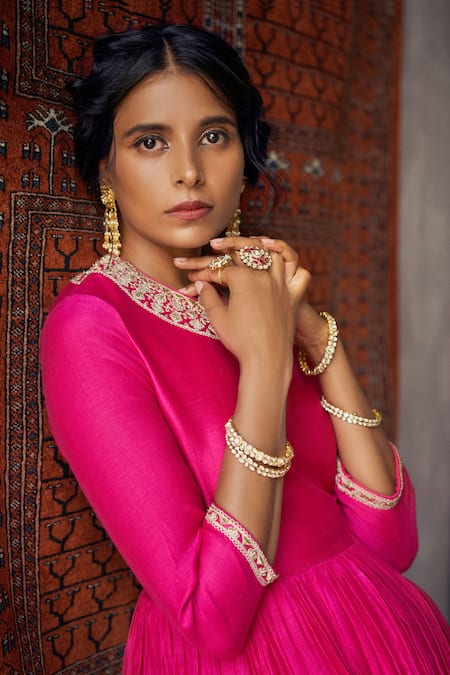 Buy_Punit Balana_Pink Handloom Chanderi Round Anarkali Set _Online_at_Aza_Fashions