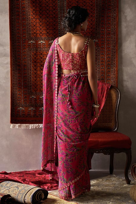 Shop Punit Balana Red Chiffon V Neck Floral Print Saree With Blouse at Aza Fashions Shop_Punit Balana_Red Chiffon V Neck Floral Print Saree With Blouse _at_Aza_Fashions