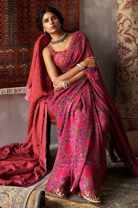 Punit Balana Red Chiffon V Neck Floral Print Saree With Blouse Online at Aza Fashions Punit Balana_Red Chiffon V Neck Floral Print Saree With Blouse _Online_at_Aza_Fashions