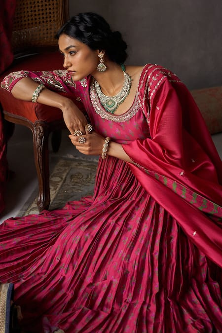 Punit Balana Red Organza , Chanderi Round Anarkali Set Online at Aza Fashions Punit Balana_Red Organza , Chanderi Round Anarkali Set _Online_at_Aza_Fashions