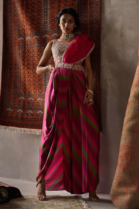 Punit Balana_Red Satin , Organza V Neck Pre-draped Saree With Blouse _Online_at_Aza_Fashions