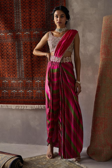 Buy_Punit Balana_Red Satin , Organza V Neck Pre-draped Saree With Blouse _Online_at_Aza_Fashions