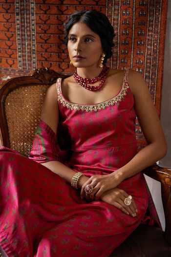 Punit Balana_Red Satin Silk U Neck Printed Kurta Set _Online_at_Aza_Fashions