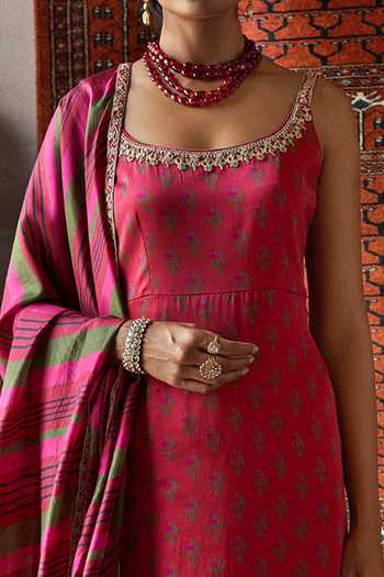 Buy_Punit Balana_Red Satin Silk U Neck Printed Kurta Set _Online_at_Aza_Fashions